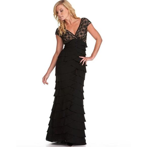 Adrianna Papell Lace Floral Ruffle Tiered Maxi Dress V-Neck Long Formal Gown - Picture 1 of 16